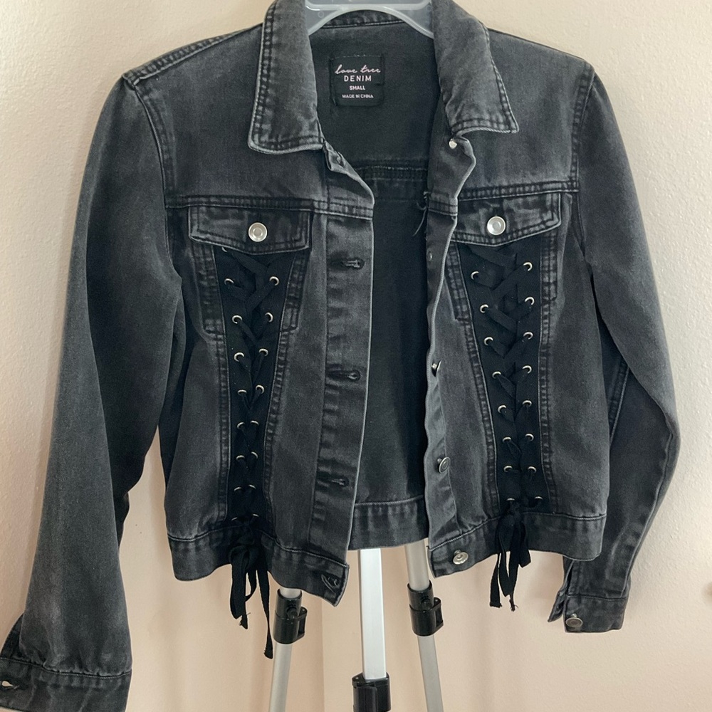 Love Tree Women's Black Denim Jacket with Lace-Up Sides